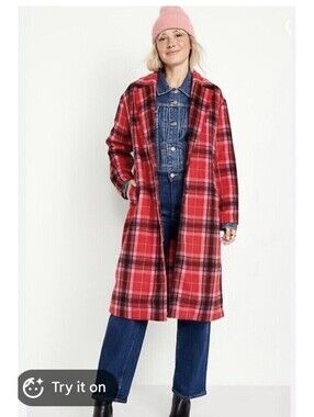 Old Navy Women Long Coat Red Tartan Plaid Sz L Oversized Soft Pockets